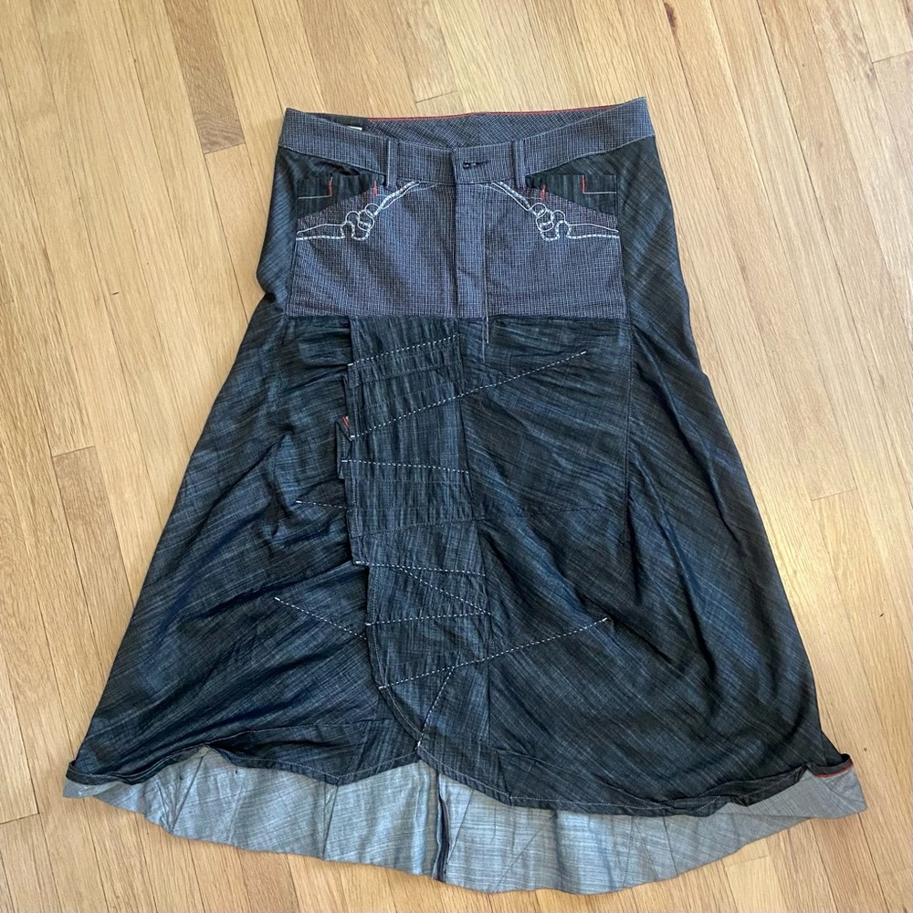 INSANE VINTAGE MARITHE FRANCOIS GIRBAUD MIDI SKIRT BLUE GREY DENIM STITCHING